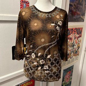 Early y2k 2000s women’s brown and gold floral blouse top.